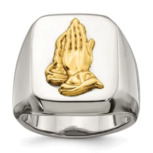 Stainless Steel 14K Gold Praying Hands Ring Band - Picture 1 of 18