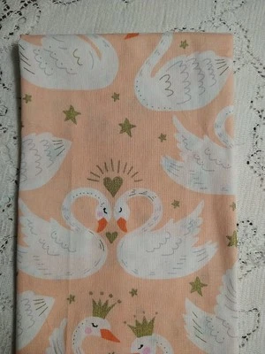 REMNANT Peach-Pink & Gold Swans Crowns Hearts Cotton Fabric - Image 1 of 4