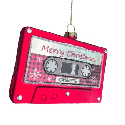 Feliz Navidad Vidrio Cassette Adorno Kurt Adler Rojo 4 x 2.5 Pulgadas Cinta Retro Foto 1 de 4