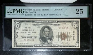 1929 TY 1 $5 DOLLAR NATIONAL CURRENCY "MOUNT PULASKI"CH# 3839 PMG 25~NICE NOTE~ - Picture 1 of 2