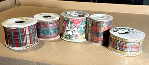 LOT OF 5 VTG WIRED XMAS RIBBONS (2", 2.5", 3") 4 TARTAN + 1 HOLLY, 10YD EACH - Picture 1 of 11
