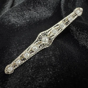 14K WHITE + YELLOW GOLD - DIAMOND (1.00Ct.) FILIGREE ART DECO VINTAGE PIN BROOCH - Picture 1 of 11