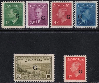 1950/52 CANADA KING GEORGE VI OFFICIAL/G STAMPS, MINT MHR/MNH, Scott O16-O21,O29 - Image 1 of 4