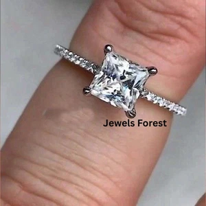 2 Kt Princess Cut Moissanit 925 Silber Solitär mit Akzenten Verlobungsring - Bild 1 von 3