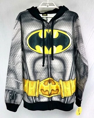 Batman Themed Hoodie Mens S or M Full Zipper Polyester Fleece Gray Black Yellow - Image 1 of 4