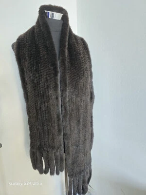 Knit 100% real mink fur cape unisex fur scarf  185*16 cm brown neck wrap  - Image 1 of 4