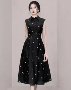 Nuevo Vestido Largo Para Mujer 2024 Solapa Francesa Amor Bordado Cintura Alta Línea A Talla - Imagen 1 de 6