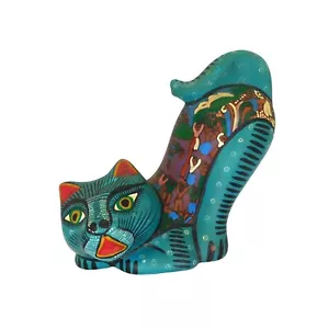 Blue Hand Painted Terracotta Cat Figurine Whimsical Festival Mexico Folk Art 6" - Picture 1 of 10