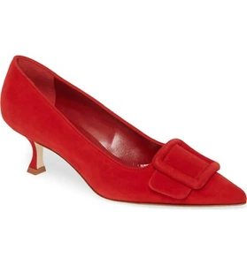 MANOLO BLAHNIK MAYSALE RED BUCKLE PUMPS 39.5 40 40.5 I LOVE SHOES 50 MM - Picture 1 of 5