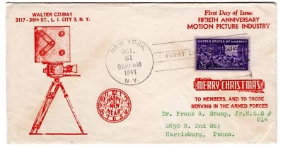 #926 Motion Pictures 50th Anniversary 1944 FDC - Walter Czubay Thermographed - Image 1 of 2