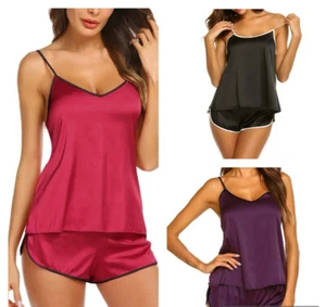 Women Nightwear Shorts Satin Silk 2pcs Sexy Tops Sleep Camisole Cami Pajamas Set - Picture 1 of 33