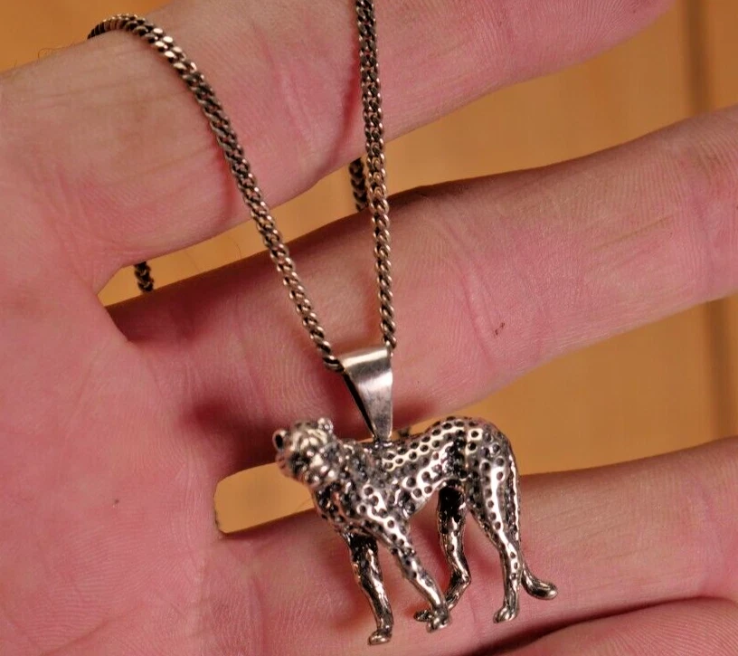 RARE KABANA Sterling Silver Figural CHEETAH CAT Necklace Pendant NICE - Image 1 of 4