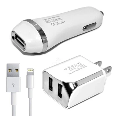 White Color 2.1A Car Charger Adapter + Wall Home Charger + 5ft USB Cord Cable  - Image 1 of 4