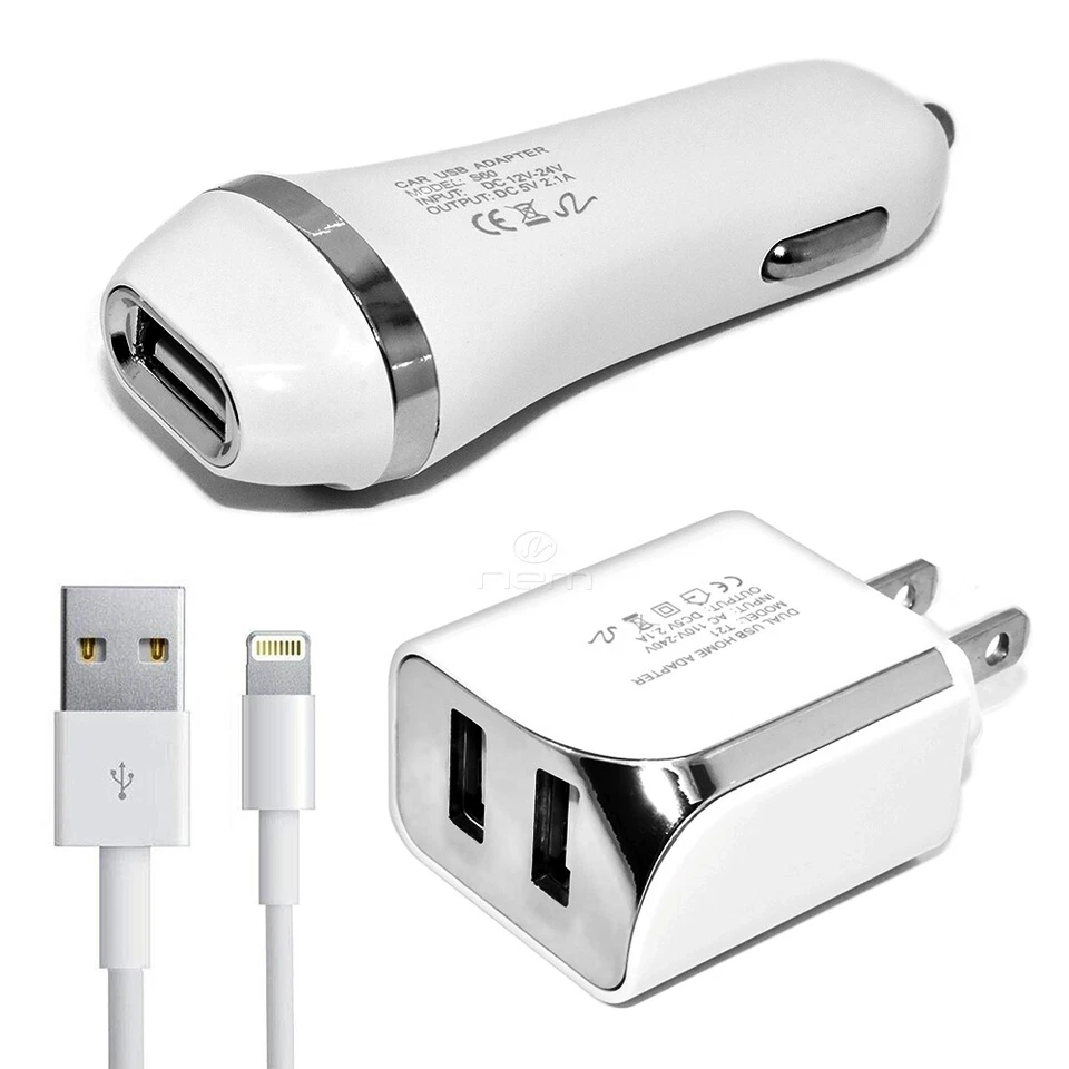 White Color 2.1A Car Charger Adapter + Wall Home Charger + 5ft USB Cord Cable  - Image 1 of 4