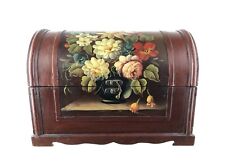 Vintage Round Dome Top Wood Trunk Cabinet Floral Hand Painted 17 x 10 x 12"