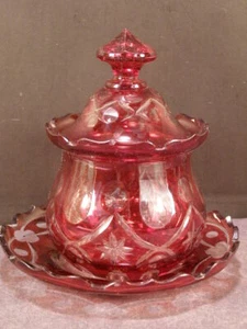 19 c Bohemian Czech Glass Ruby Red Cut /Clear Bowl Sweetmeat Jar Candy Dish Urn  - Picture 1 of 5