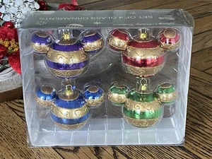 Disney Parks Mickey Ear Icon Gold Red Stripe Christmas Ornament Glass 3.5” green - Picture 1 of 10