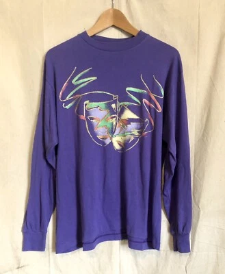 1990s Mardi Gras Freaky Bowie Make-Up Drama Mask L/S T Shirt Vtg Large - Image 1 of 4
