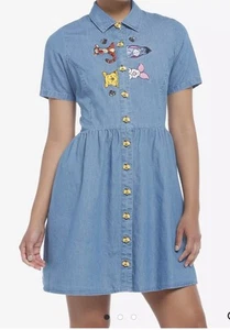 Hot Topic Disney Winnie The Pooh and Friends Retro Denim Dress M Bee Buttons - Picture 1 of 6
