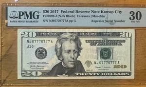 NJ07770777A  $20 Repeater Fancy Serial Number Binary Twenty Dollar Bill 2017 PMG - Picture 1 of 4