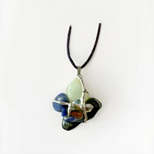 Mixed Gemstone & Pewter Beaded Pendant Necklace 18" Long on Silk Cord Handmade - Picture 1 of 7