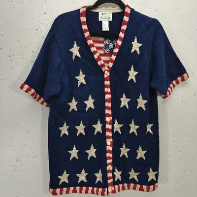 The Quacker Factory Womens Cardigan Sweater Large Red White Blue Flag - Image 1 of 4