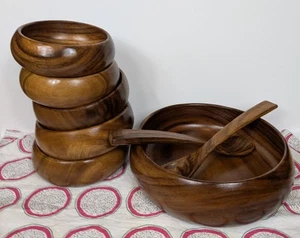 Insalatiera vintage in legno di teak intagliato a mano Action set 8 pezzi - Foto 1 di 16
