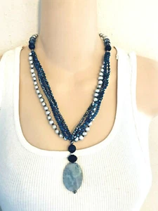 Signiert NAKAMOL Echt Perle Kristall Achat 4 Strang Perle Blau Anhänger Halskette - Bild 1 von 9