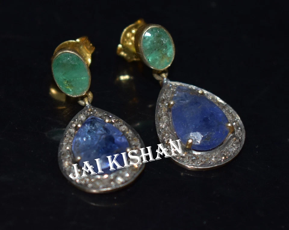 Elegant Pflastern Diamant Smaragd Edelstein 925 Sterlingsilber Lang Ohrring - Bild 1 von 4