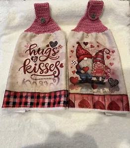 Handmade Crocheted Tea Towels Valentines Day Gnomes And Hearts - Picture 1 of 1