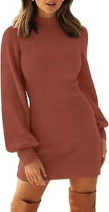 Womens Casual Turtleneck Soft Fuzzy Long Sleeve Knit Mini Sweater Dress Burgundy - Picture 1 of 9