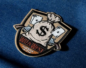 Wild West Iron-On Patch – Embroidered Money Bag, Pistols & Poker Cards Design - Picture 1 of 4