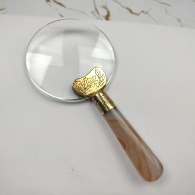 Vintage Chinese Export Gold Plated Banded Agate Handle Magnifying Glass  - Image 1 of 4
