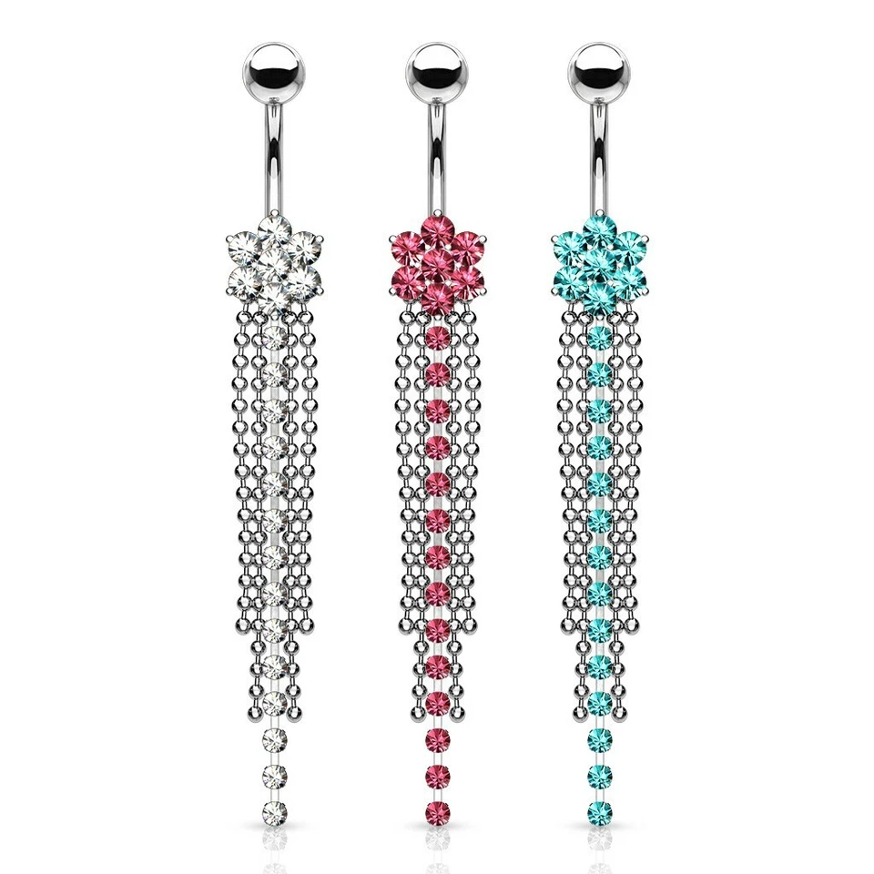 Anello Per Piercing Ombelicale Belly Bar Con Fiore Di Gemma E Ciondolo A Perline - Immagine 1 di 1