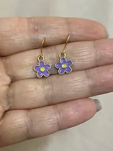 Purple Enamel Small Flower Charm Dangle Earrings Rose Gold Plated Hypoallergenic - Picture 1 of 14