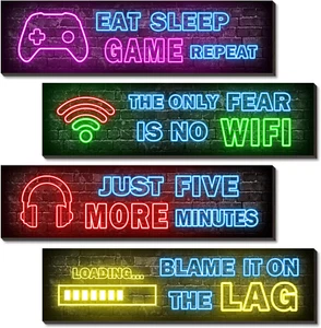 4 Pcs Printed Neon Gaming Posters, Teen Boys Room Decorations, Gamer Wall Art - Picture 1 of 12