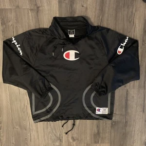 CHAMPION Big C Mock Neck Pullover Jacket Black Mens Size 44 Large Spellout Vtg - Picture 1 of 7