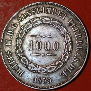 1859 Brazil 1000 Reis Pedro II Silver KM# 465 - Picture 1 of 2