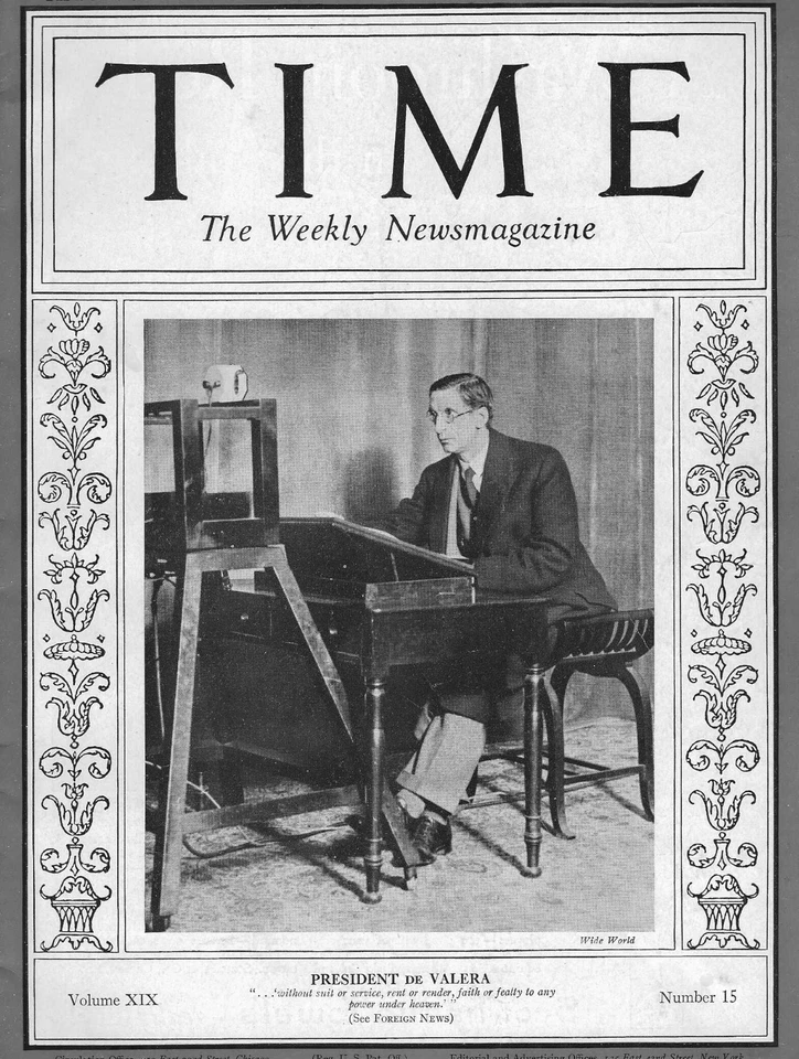 TIME MAGAZINE APRIL 11, 1932 IRISH PRESIDENT EAMON DE VALERA--FREE SHIPPING - Image 1 of 1