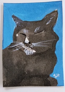 Original signed ACEO Collectors Art. Moody Cat Blue/Moody Sleeping - Picture 1 of 3