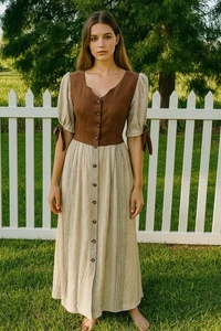 Vintage 70s Style Nur Trocken Reinigen 100% Linen Maxi Prairie Dress Boho Large - Picture 1 of 22