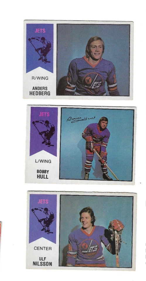 1974-75 O-Pee-Chee WHA #50 Bobby Hull, #4 Ulf Nilsson, #17 Anders Hedberg (RC) - Image 1 of 2