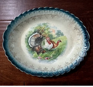 Antique Primitive Sterling China Semi-Porcelain TURKEY Oval Plate 12.7" x 10.2" - Picture 1 of 5