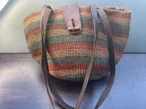 Vintage geflochten gestreift Sisal Raffia Eimer Leder Griffe Markt Jute Beuteltasche Tasche - Bild 1 von 12