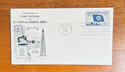 U.S. 150TH ANNIV. COAST AND GEODETIC SURVEY FDC1957 SC#1088 UA FLEETWOOD CACHET - Image 1 of 3