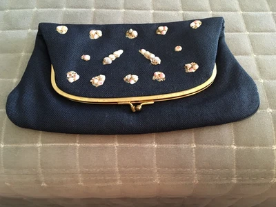 VTG Coblentz France Navy Fabric Fold Over Purse  with Shells & Gold Tone Frame - Image 1 of 4