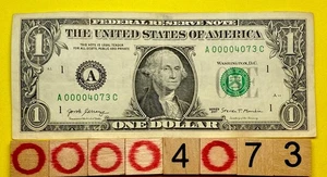 4 Digit Low Serial Number 00004073 Fancy Serial Number One Dollar Bill ￼2017 DC - Picture 1 of 8