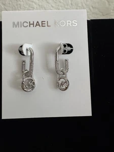 Michael Kors Silver MK Logo Crystal Huggie Dangle Empire Earrings  - Picture 1 of 4