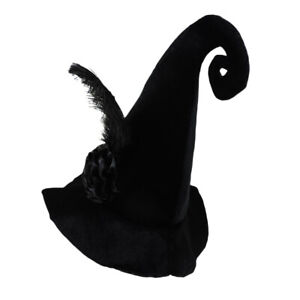 Adult Black Velvet Witch Wizard Halloween Costume Party Hat w/ Feather & Rose