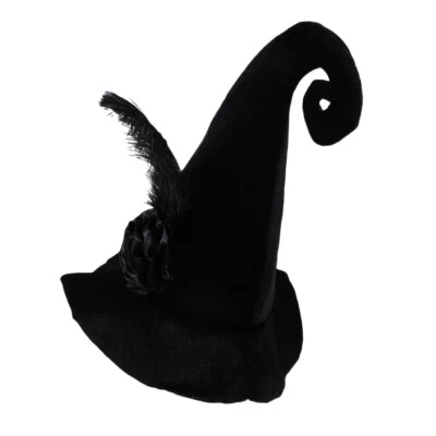 Adult Black Velvet Witch Wizard Halloween Costume Party Hat w/ Feather & Rose - Image 1 of 4